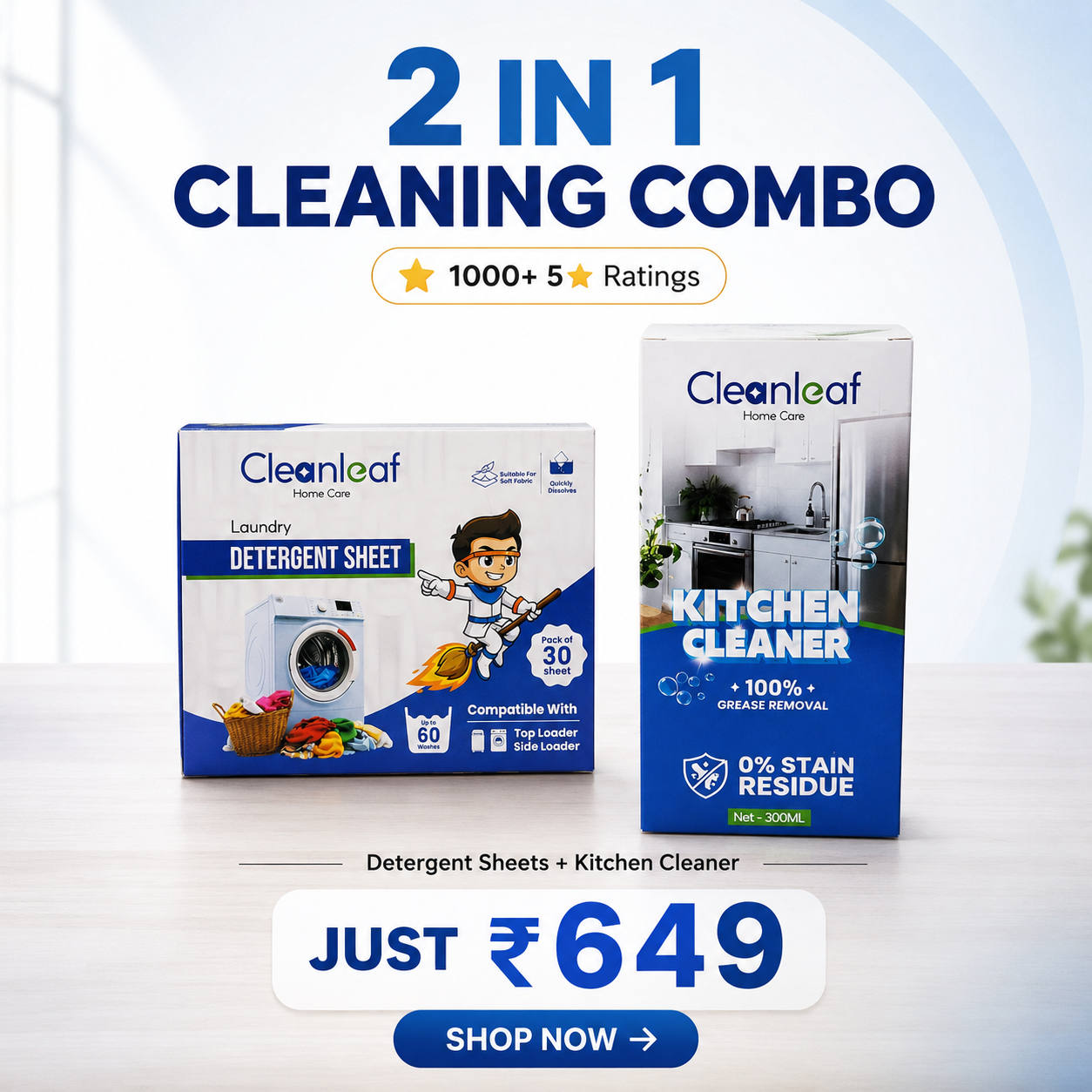 CleanLeaf 2-in-1 Cleaning Combo | 30 Pack Detergent Sheet & Powerful Kitchen Cleaner Combo